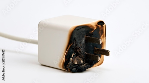 Burnt and melted electrical power adapter charger representing fire hazard and product failure