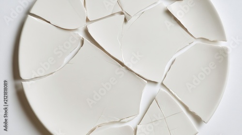 Shattered fragments of a white ceramic plate arranged on a white background, symbolizing fragility and damage