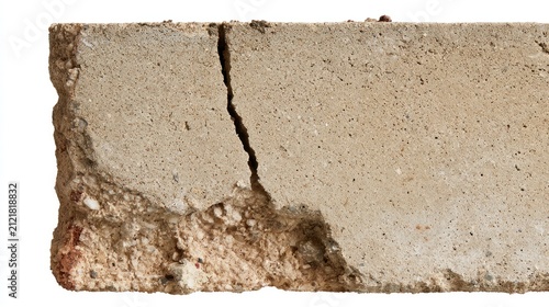 Macro shot of a cracked and weathered concrete block isolated on a white background, showing texture and damage