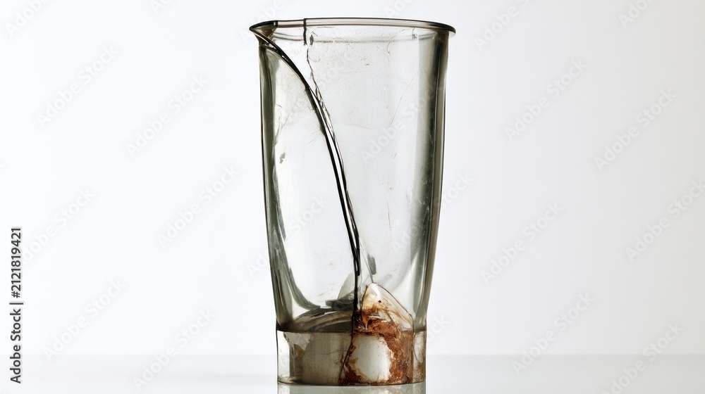 Obraz premium Vintage cracked glass beaker with large vertical fracture and brown stains isolated on a white background