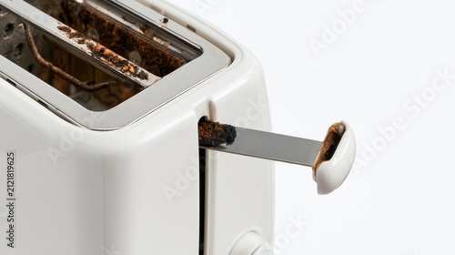 Close-up of a dirty and burnt electric toaster covered in charred bread crumbs and grease, illustrating a potential fire hazard