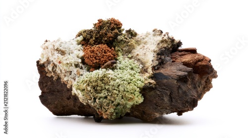 Macro shot of colorful fungi, lichen, and mold growing on a piece of decaying wood, isolated on white background.
