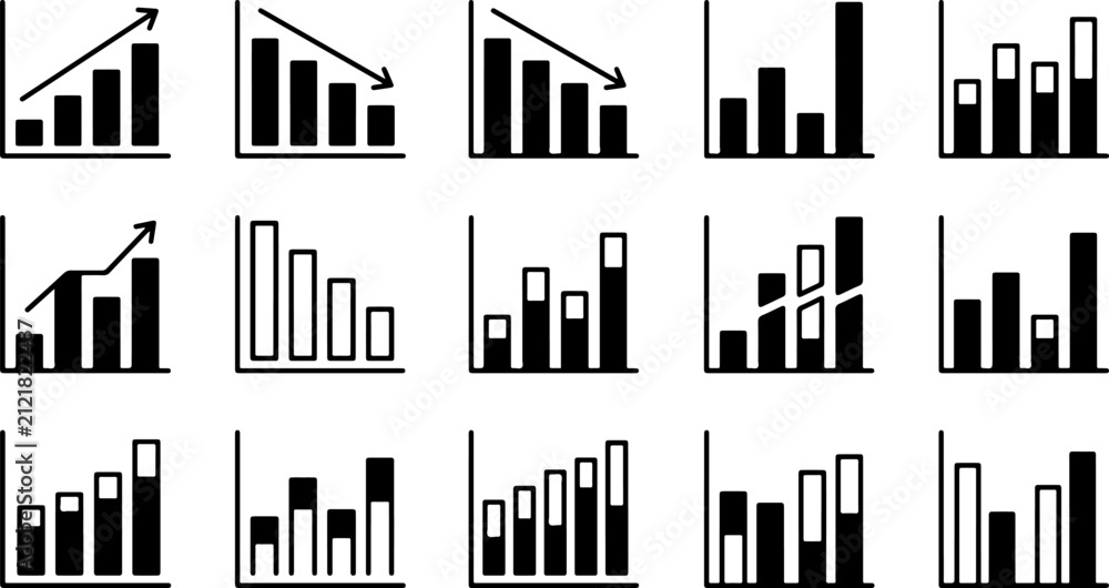 Obraz premium Set of various business bar graph icons showing different data trends and financial analysis growth and decline patterns
