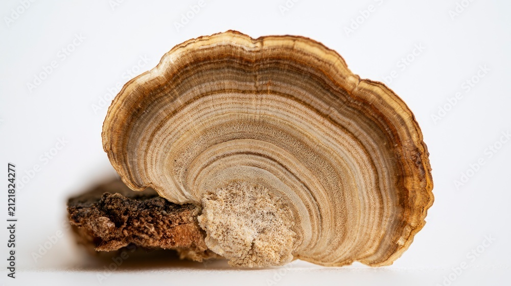 Obraz premium Macro shot of a turkey tail mushroom (Trametes versicolor) isolated on a white background, showing detailed concentric rings and textures.