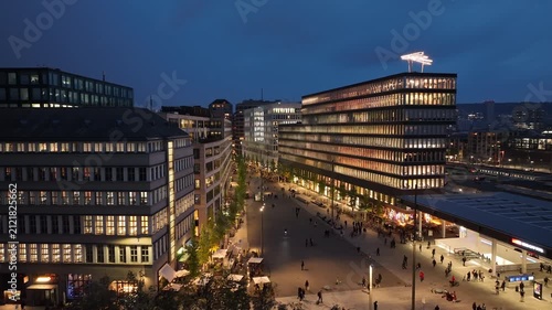 twilight time zurich city center train station square modern office exterior walking street aerial panorama 4k switzerland       