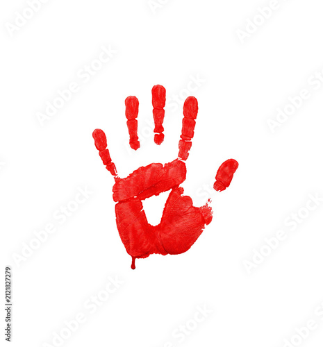 Bright red painted handprint isolated on a transparent background creating a dramatic horror and Halloween symbol