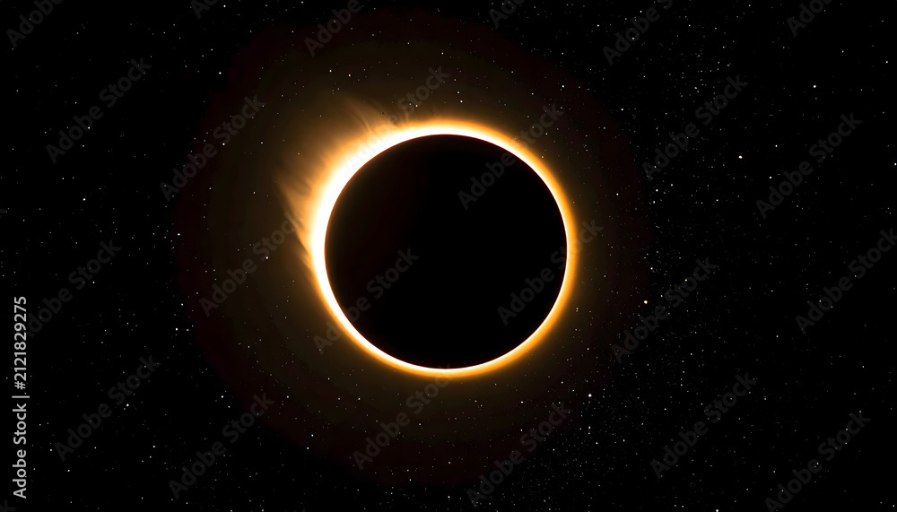 Fototapeta premium Solar eclipse showing a black moon silhouette with a glowing bright corona ring against a deep dark starry space background