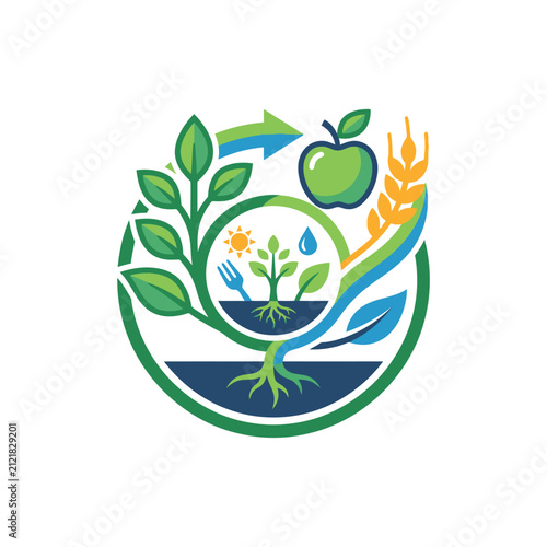 Sprout illustration features deep green leaves and roots growing from soil alongside a golden wheat stalk and apple to signify sustainable agricultural growth and natural nourishment on a white.