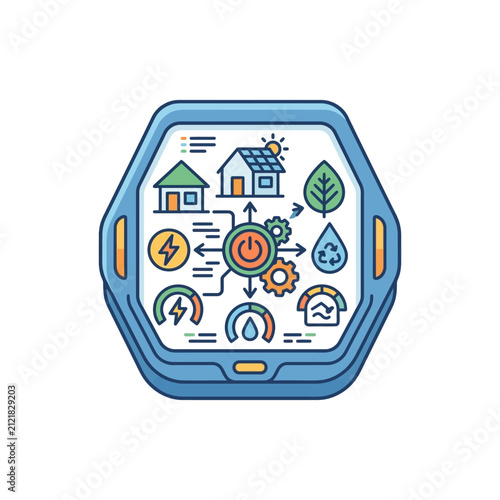 Smartwatch screen displays a complex dashboard of green energy icons, including house panels, leaves, and water droplets, arranged in a flat, modern design with soft pastel colors and clear details.