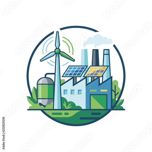 Factory building integrated with a large wind turbine and solar arrays sits in a circular frame, emphasizing the transition to renewable energy sources in an industrial setting with clean aesthetics.