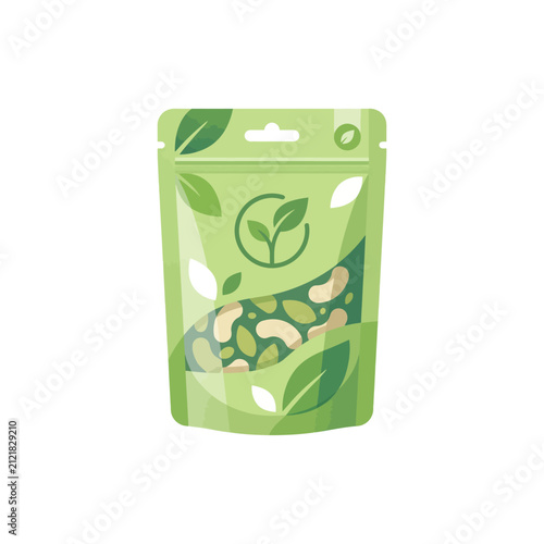 Cashew pouch features organic green packaging with botanical leaf motifs and a transparent window to showcase raw nutritious nuts inside this eco friendly snack design for sustainable health.