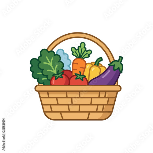 Vegetable basket holds a vibrant assortment of fresh garden produce including leafy kale, red tomatoes, orange carrots, yellow bell peppers, and a purple eggplant in a rustic woven container design.