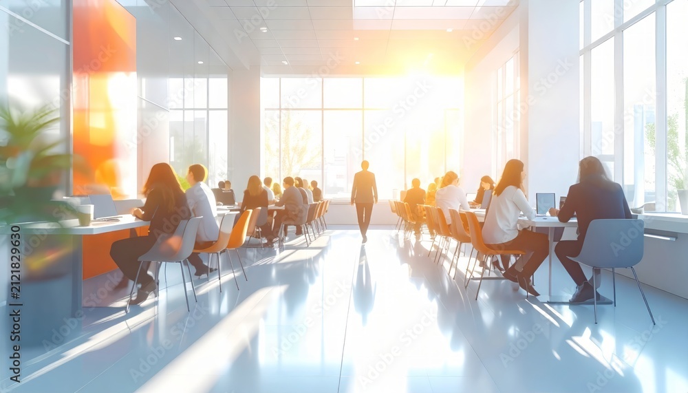 Obraz premium Modern Bright Office Interior with Blurred People Working
