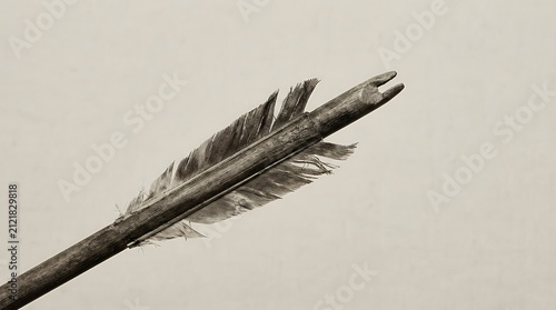 A Relic of Archery's Past: A Detailed Close-Up of the Nock End of an Old Wooden Arrow from the 1950s or 60s. The Aged Wood and Taut String Capture the History and Craftsmanship of a Bygone Era in