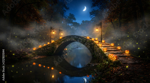 Enchanted stone bridge with halloween lanterns