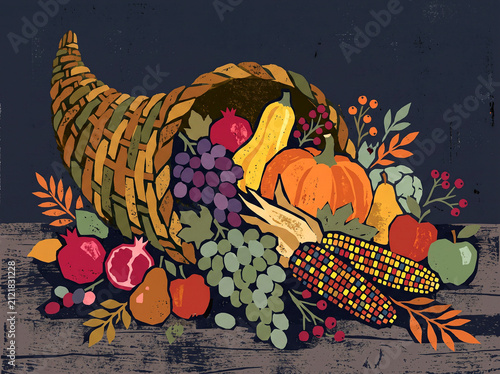 rustic cornucopia filled with autumn fruits and vegetables like pumpkins, grapes, and corn Graphic poster style illustration
