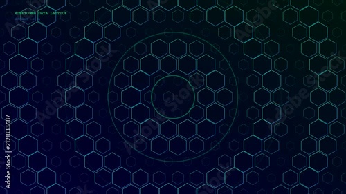 Quantum cloud computing visualizations appear on a digital monitor surface with glowing hexagonal patterns and concentric circular pulses that expand across a dark teal gradient field