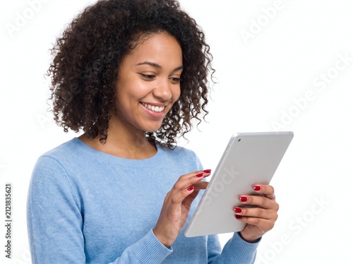 Beautiful smiling woman holding a tablet computer