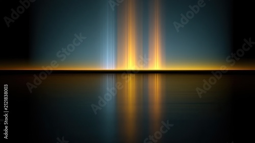 Abstract scene with glowing vertical light streaks, reflections, and dark backdrop