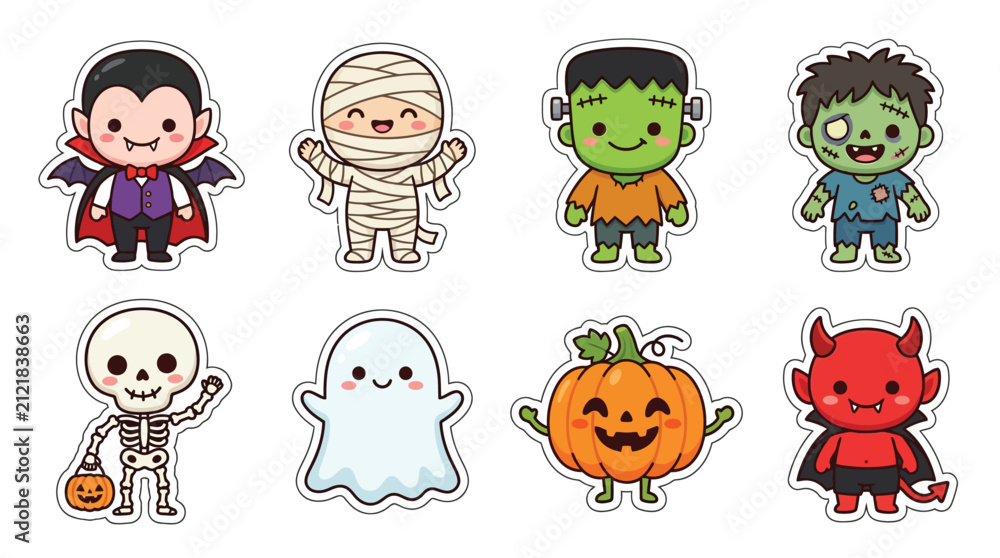 Naklejka premium Set of Cute Cartoon Halloween Characters Including a Vampire, Mummy, Frankenstein, Zombie, Skeleton, Ghost, Pumpkin, and Devil.