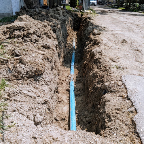 Narrow excavation beside driveway with blue service pipe in midday sun