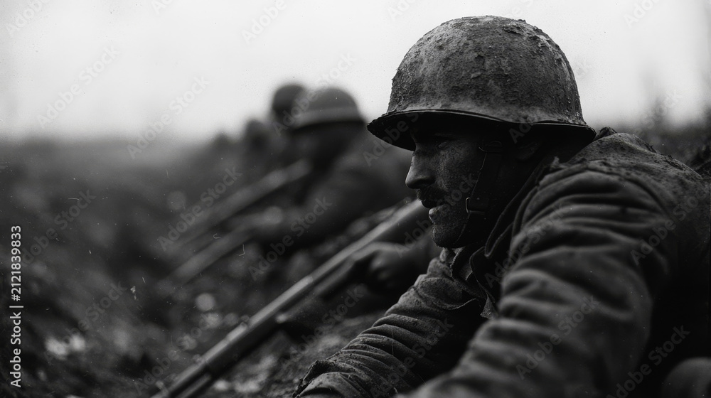 Obraz premium Soldiers in trench warfare during WWI, mud-covered and ready for battle