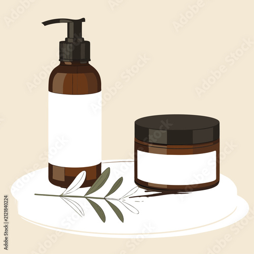 Luxury Amber Glass Skincare Bottle and Jar on Wood Pedestal.