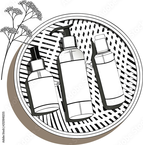 Minimalist Frosted Glass Skincare Bottles on Woven Rattan Tray.
