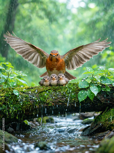 Atmospheric photograph of forest birds captured in a natural moment, with soft light, woodland mood, and a poetic sense of wildlife and nature