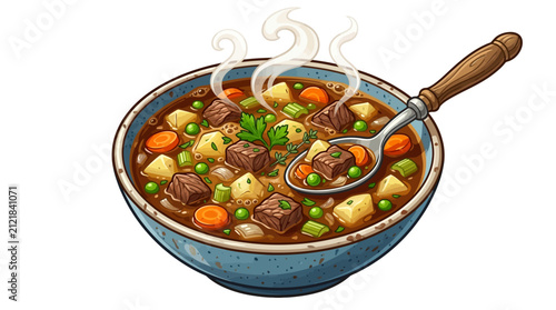 Hearty beef stew with vegetables in a blue ceramic bowl with steam and a vintage spoon