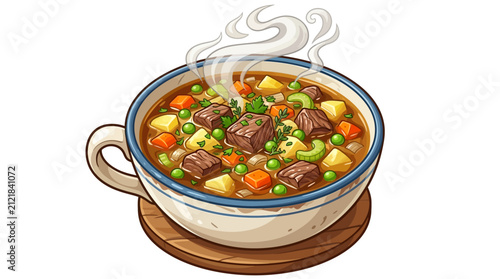 Steaming hot beef stew with vegetables in a rustic ceramic mug vector illustration