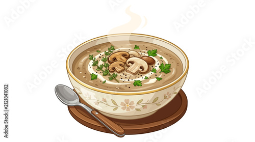 Delicious Creamy Mushroom Soup in a Decorative Bowl with Fresh Sliced Mushrooms, Herbs, and Spoon Illustration