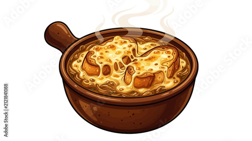 Hot steaming French onion soup with melted cheese and toasted bread in a brown ceramic bowl illustration