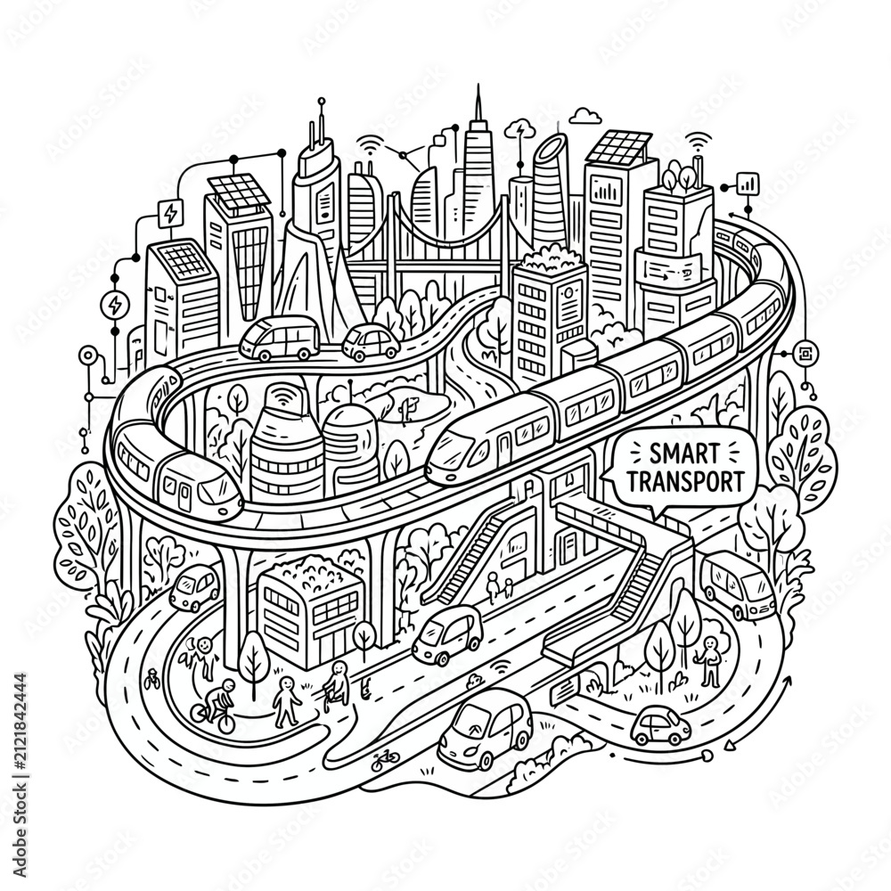 Obraz premium Doodle Illustration of a Modern Smart Transport City