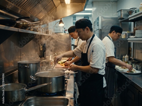Professional chefs working in busy restaurant kitchen during food service