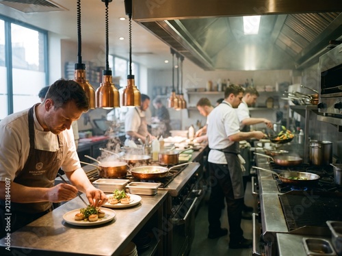 Professional chefs cooking gourmet food in busy restaurant kitchen with culinary