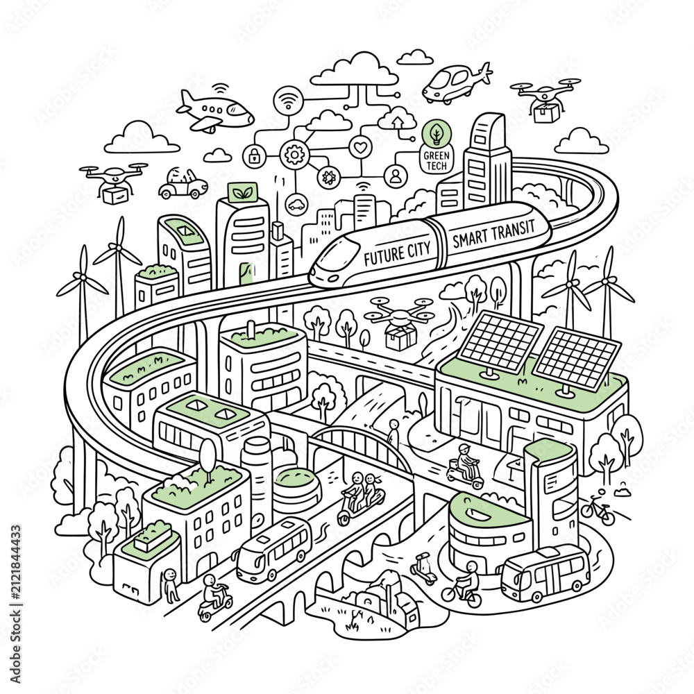 Obraz premium Future City Hand Drawn Illustration with Sustainable Smart Transport