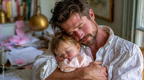 Father holds sleeping baby while working in a home office filled with paperwork during paternity leave in the afternoon light Generative AI