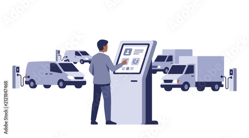 Electric vehicle fleet management system with driver using a touch screen kiosk surrounded by charging vans and trucks. EPS Editable