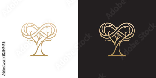 Golden infinity tree logo design vector, elegant line art symbol representing eternal growth and nature