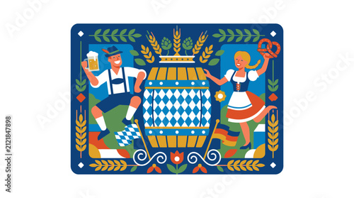 Oktoberfest vector illustration with people and beer barrel. EPS Editable