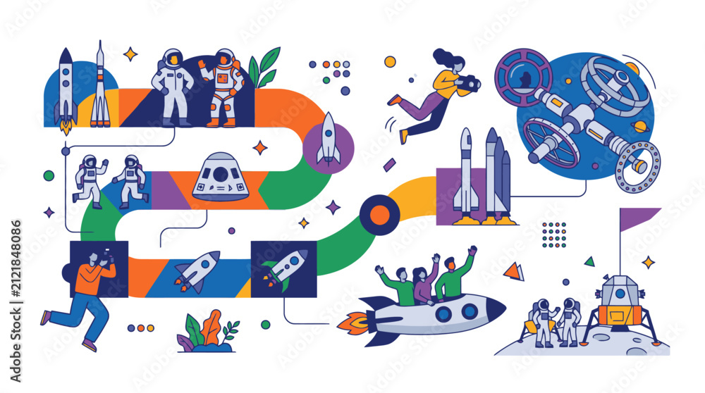 Naklejka premium Space exploration vector infographic with rockets astronauts and satellites. EPS Editable