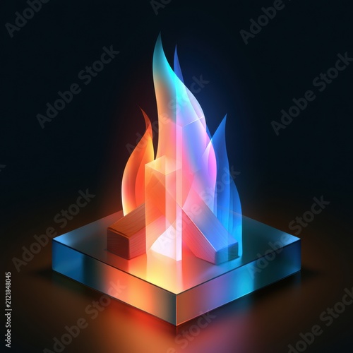 A glass bonfire is displayed with translucent flames glowing in a dark warm gradient. This campfire icon represents outdoor gatherings and activities.
