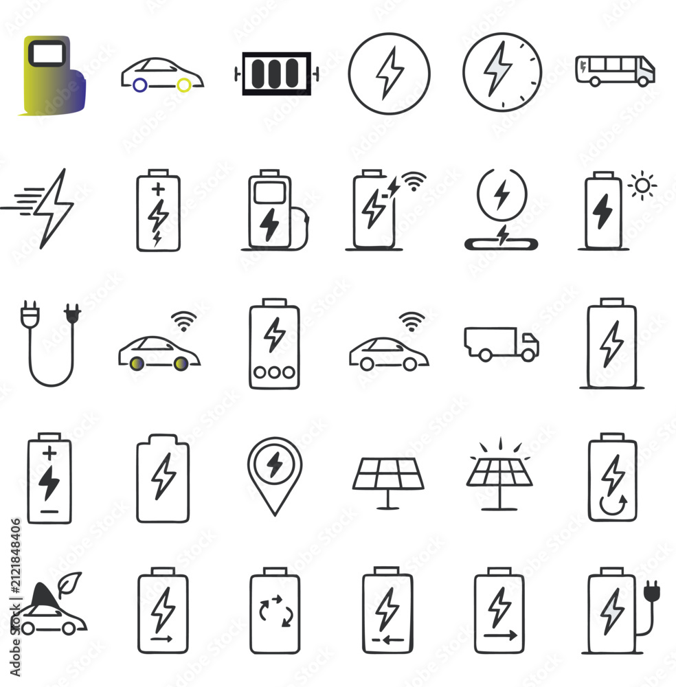Fototapeta premium Set of linear eco friendly electric energy and sustainable power technology icons with electric charging sustainable renewable technology transportation environment electricity recharge Electric vehic