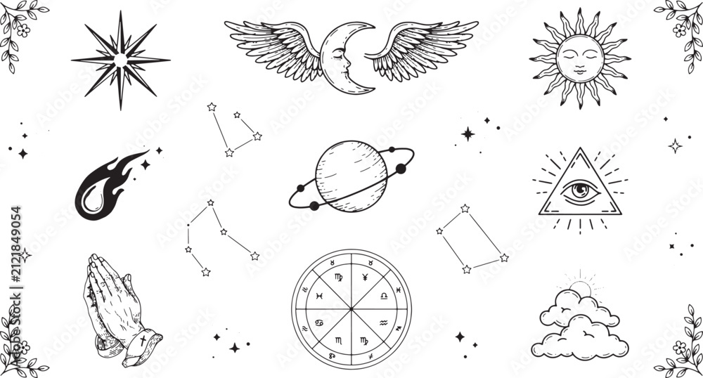 Obraz premium Esoteric and celestial set featuring planets, constellations, sun, moon, and mystical symbols on a white background for