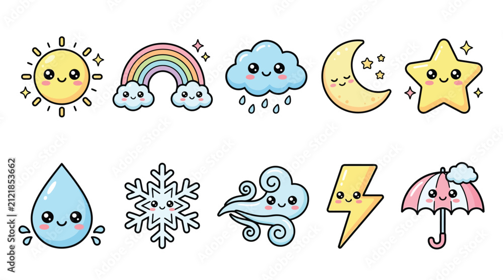 Obraz premium Cute Kawaii Weather Icons Set Featuring Sun, Rainbow, Clouds, Moon, Star, Raindrop, Snowflake, Wind, Lightning, and Umbrella.