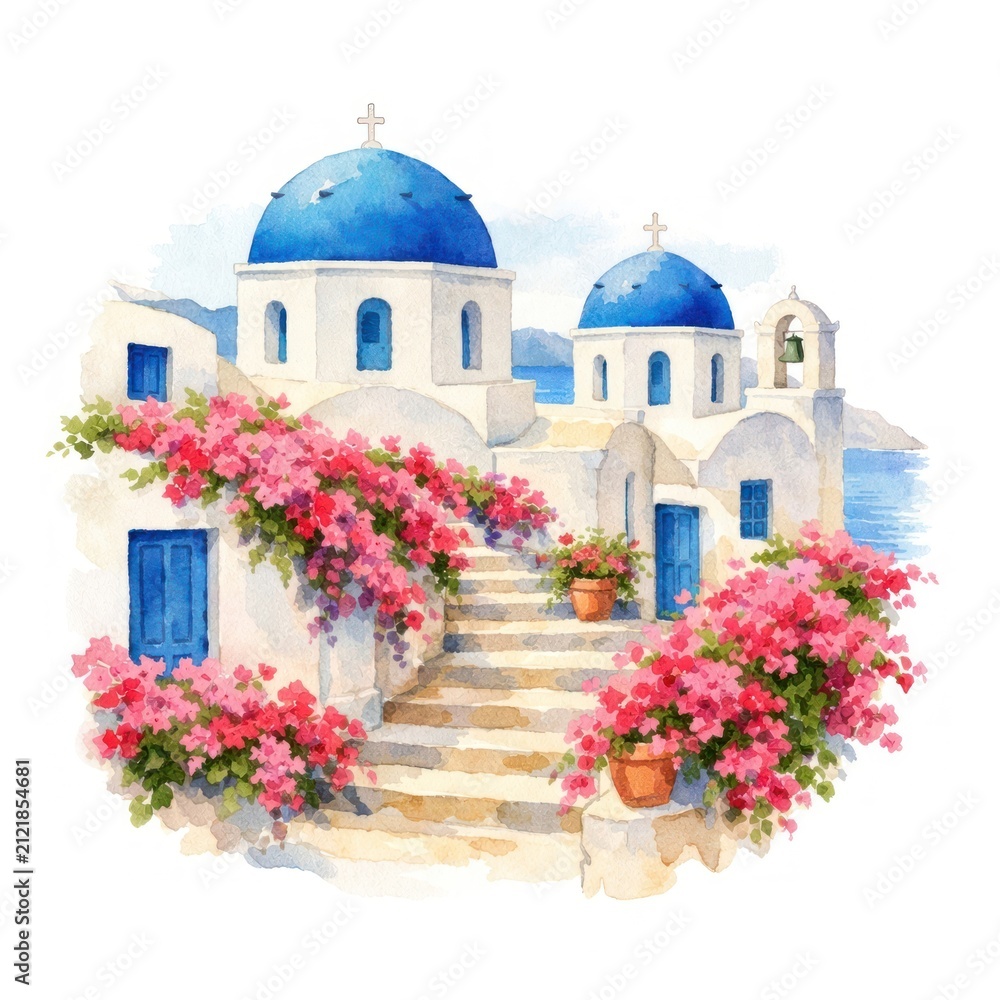 Obraz premium Charming Greek island watercolor illustration.