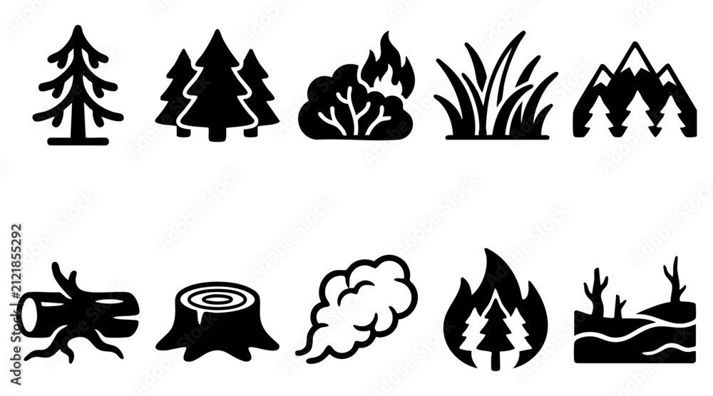 Fototapeta premium Forest and wildfire icons set. Nature disaster and environment vector symbols.