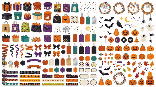 Photography Halloween Party Decoration Set, Gifts with Bows, Pumpkin Clips, Vector Badges an
