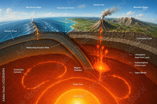 Plate Tectonics and Subduction Zone Earth Cross Section Diagram
